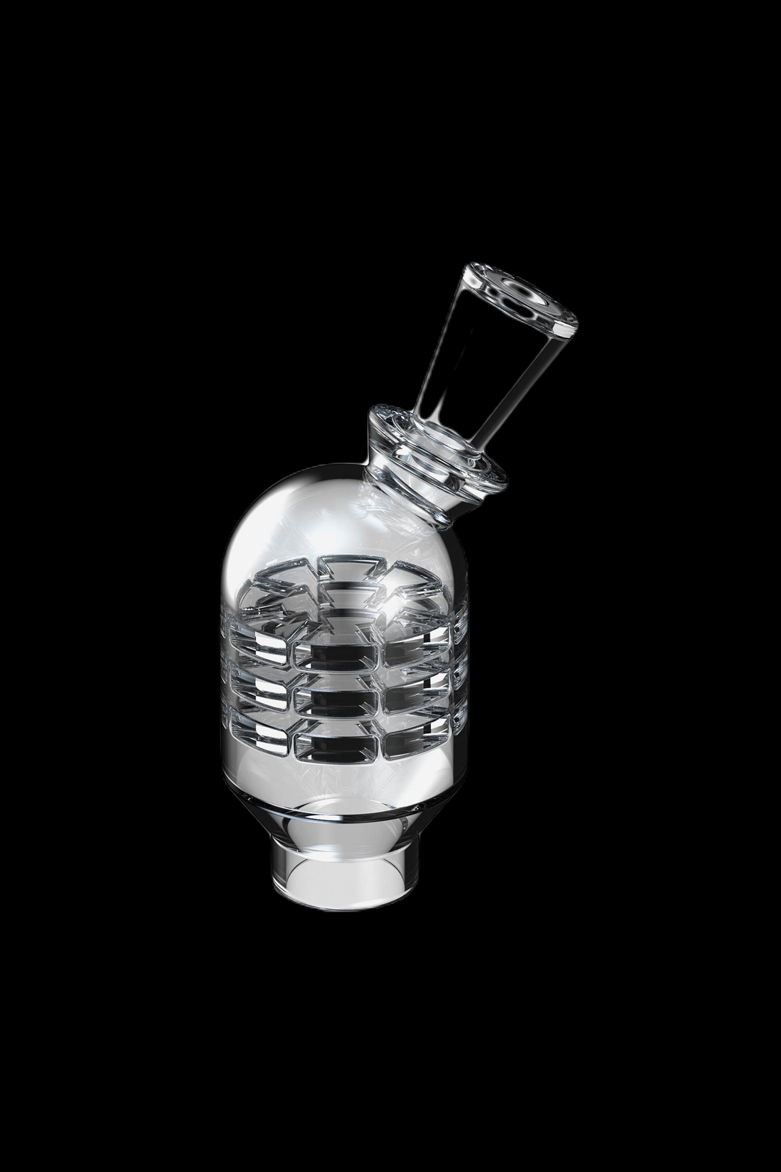 Clear glass bubbler with intricate internal diffusion chambers.