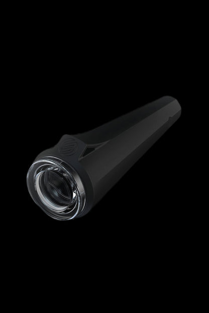 Sleek black vaporizer pen with a transparent mouthpiece.