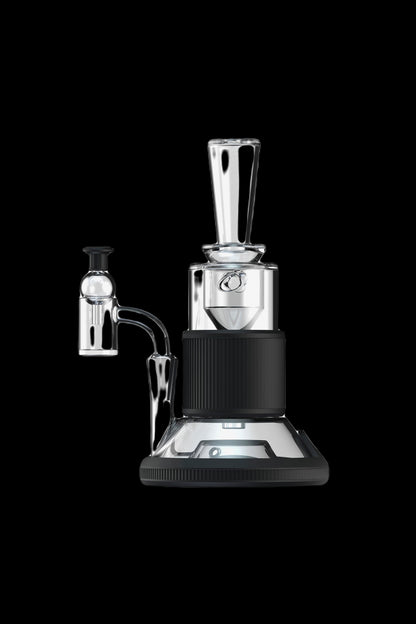 Clear glass dab rig with black accents, studio shot on black background.