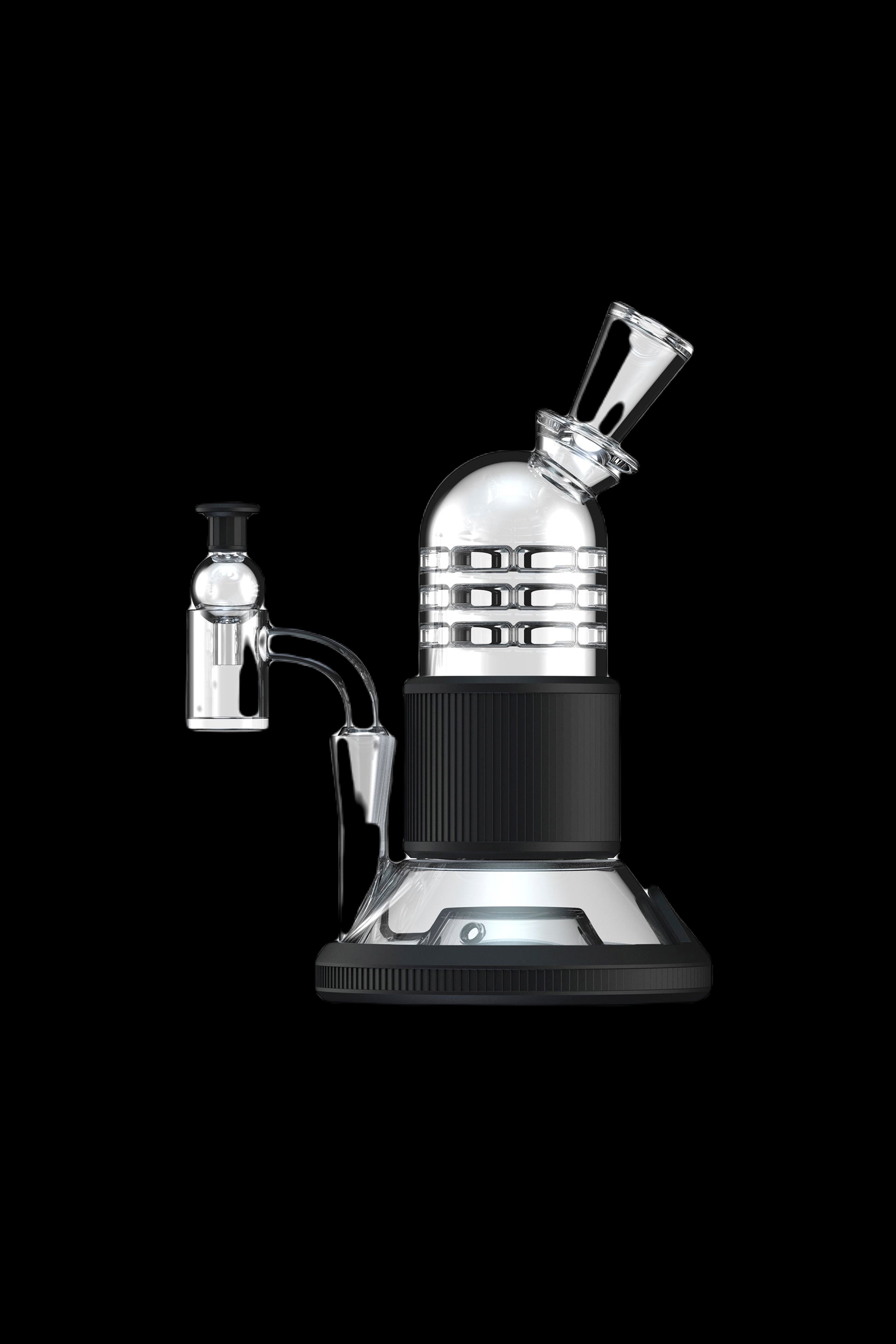 Modern black and silver dab rig with glass attachments, isolated on a black background.