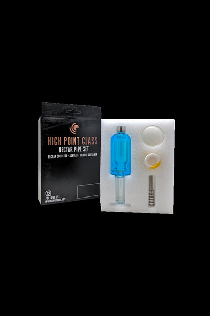 Product packaging for a “High Point Glass” nectar pipe set, including a collector, ashtray, and silicone container, displayed on white foam.