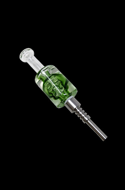 Green glass dab tool with a spherical tip and swirling internal design.