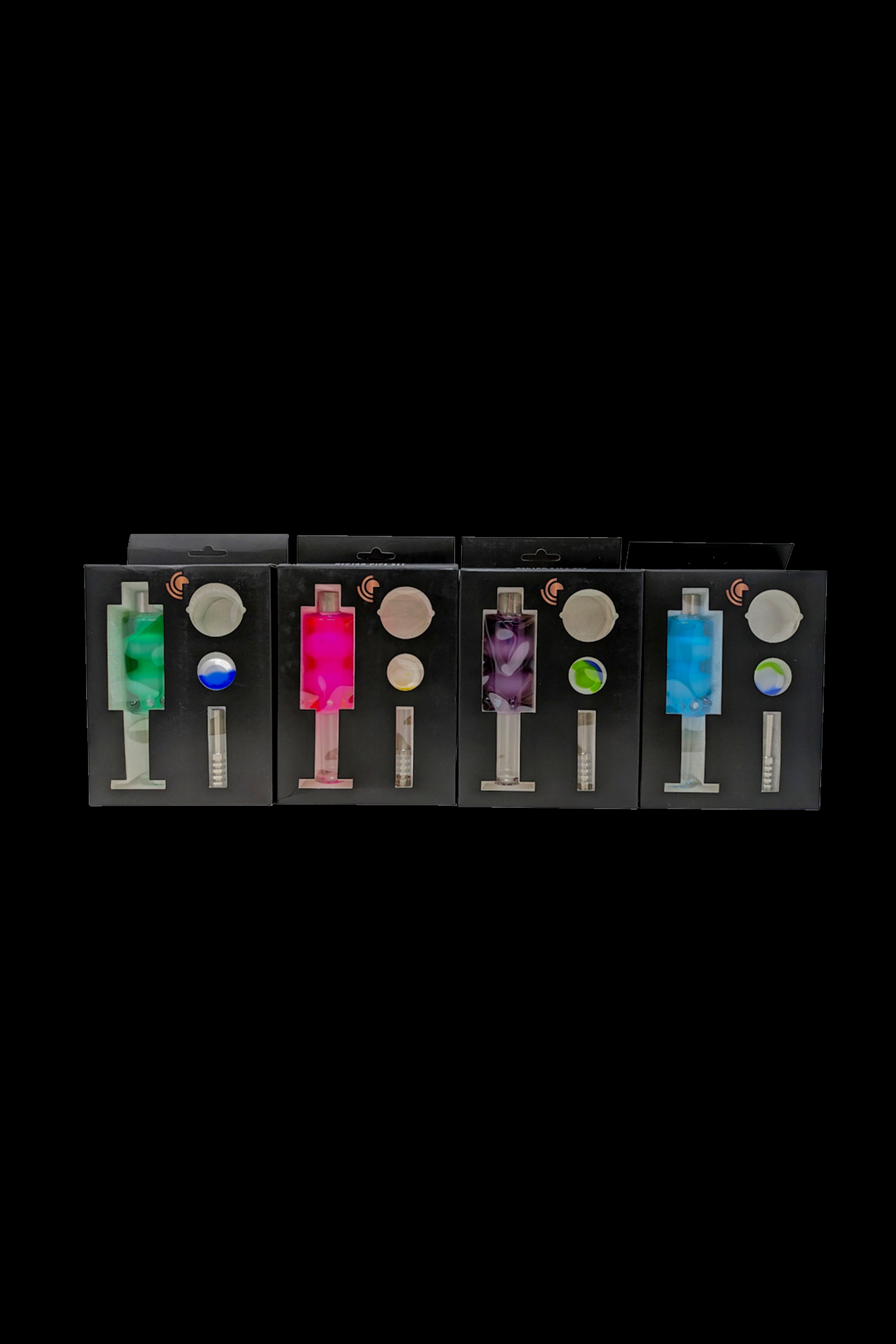 Five colorful, packaged cannabis oil vape cartridges displayed in a row on a black background.