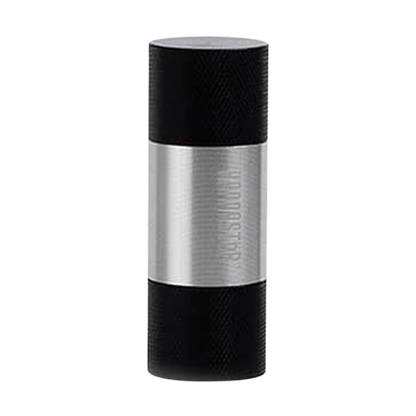 Close-up vertical view of the RYOT Kannastor Kief Press Pollen showing a black textured top and base with a central brushed silver band.