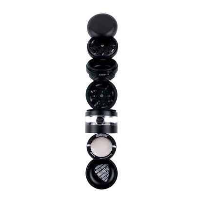 Top-down exploded view of the Matte Silver RYOT GR8TR Jar Body Grinder showing each separated black and clear chamber and mesh screen.