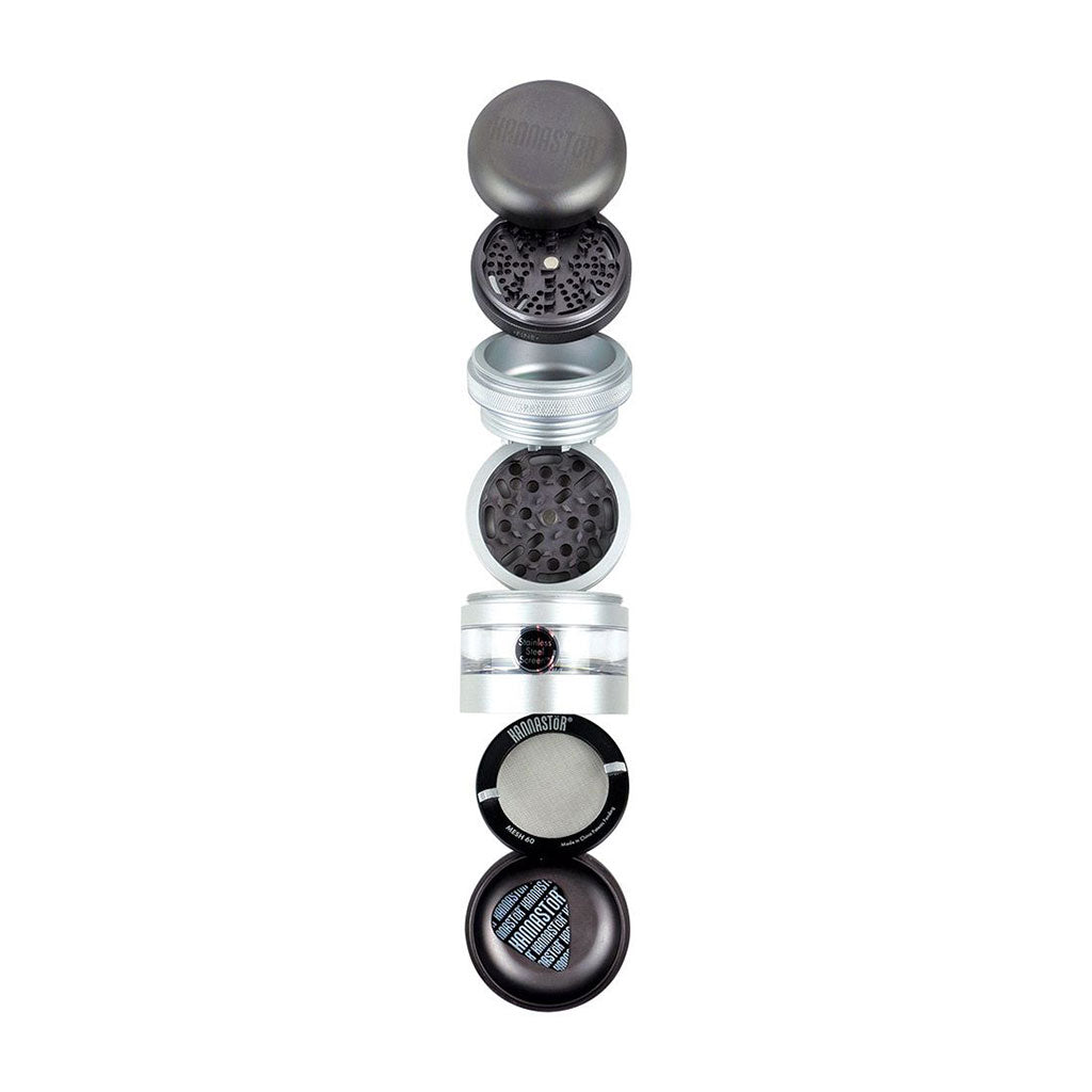 Top-down exploded view of the RYOT GR8TR Jar Body Grinder showing its stacked silver and black chamber pieces and screens on a white background