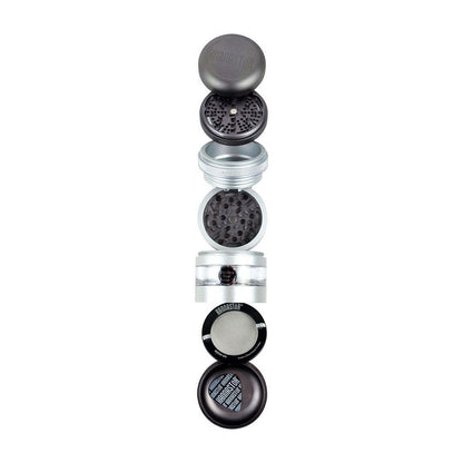 Top-down exploded view of the RYOT GR8TR Jar Body Grinder showing its stacked silver and black chamber pieces and screens on a white background