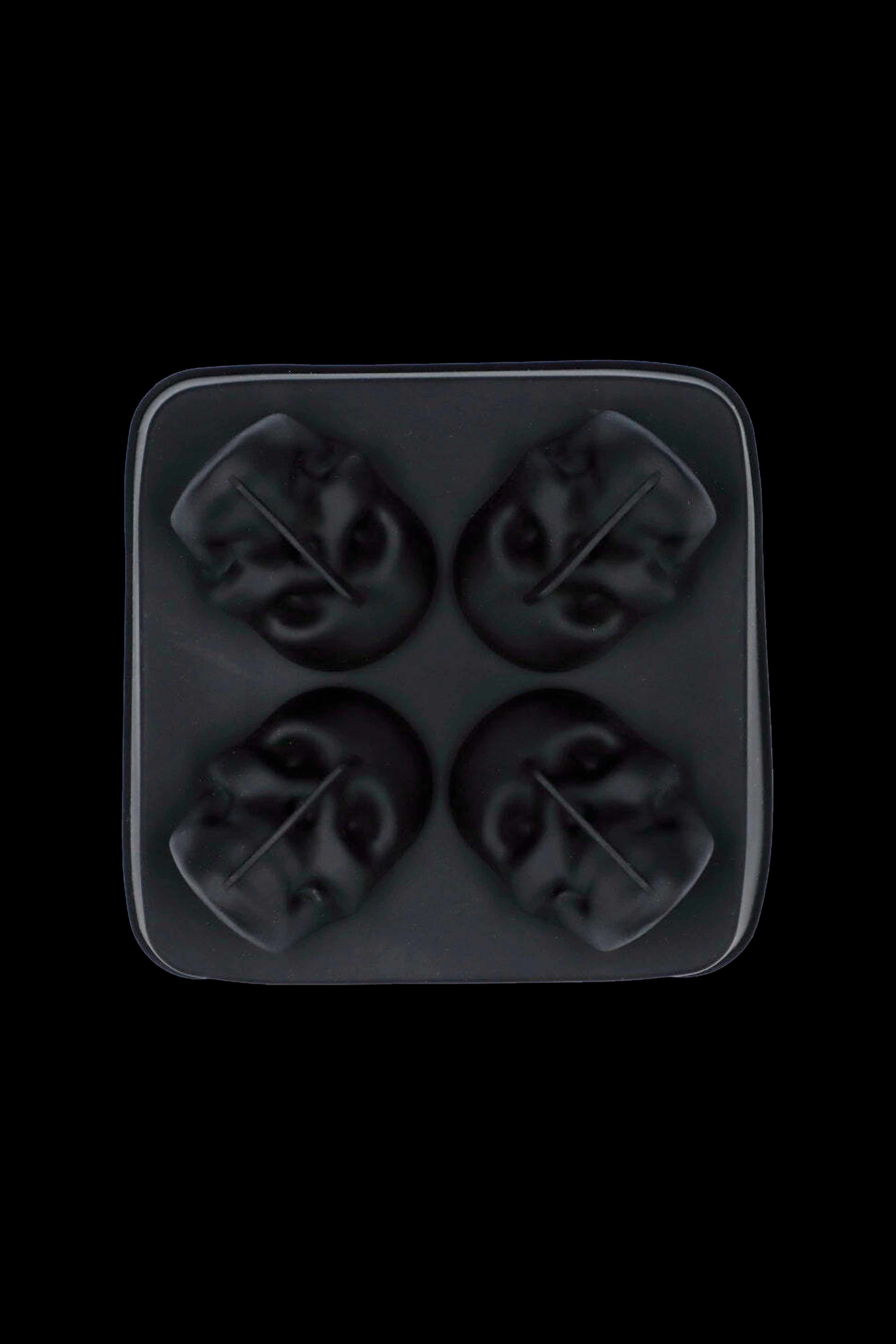 Black silicone ice cube tray with four cannabis leaf-shaped molds.