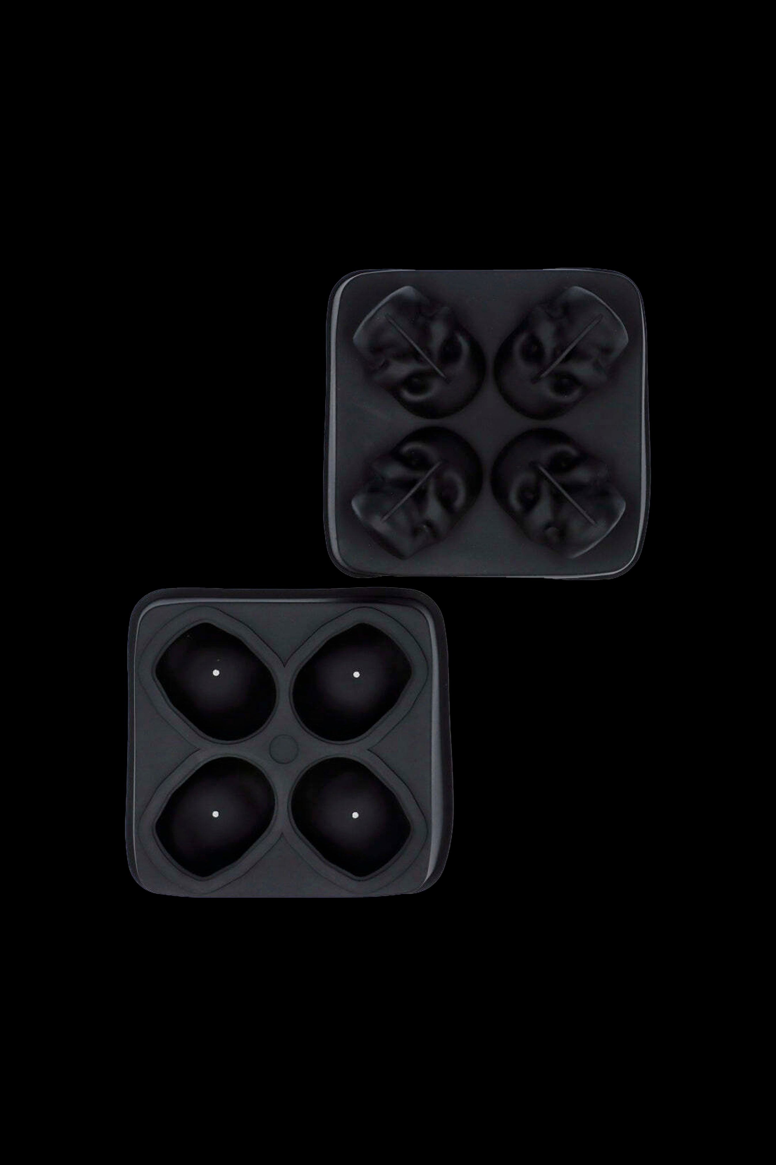 Black silicone ice cube tray with cannabis leaf-shaped molds.