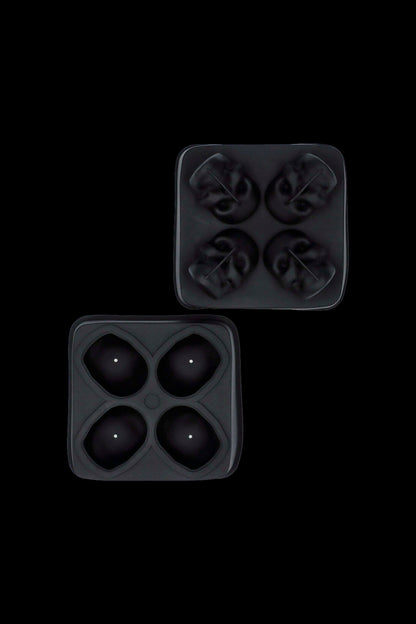 Black silicone ice cube tray with cannabis leaf-shaped molds.
