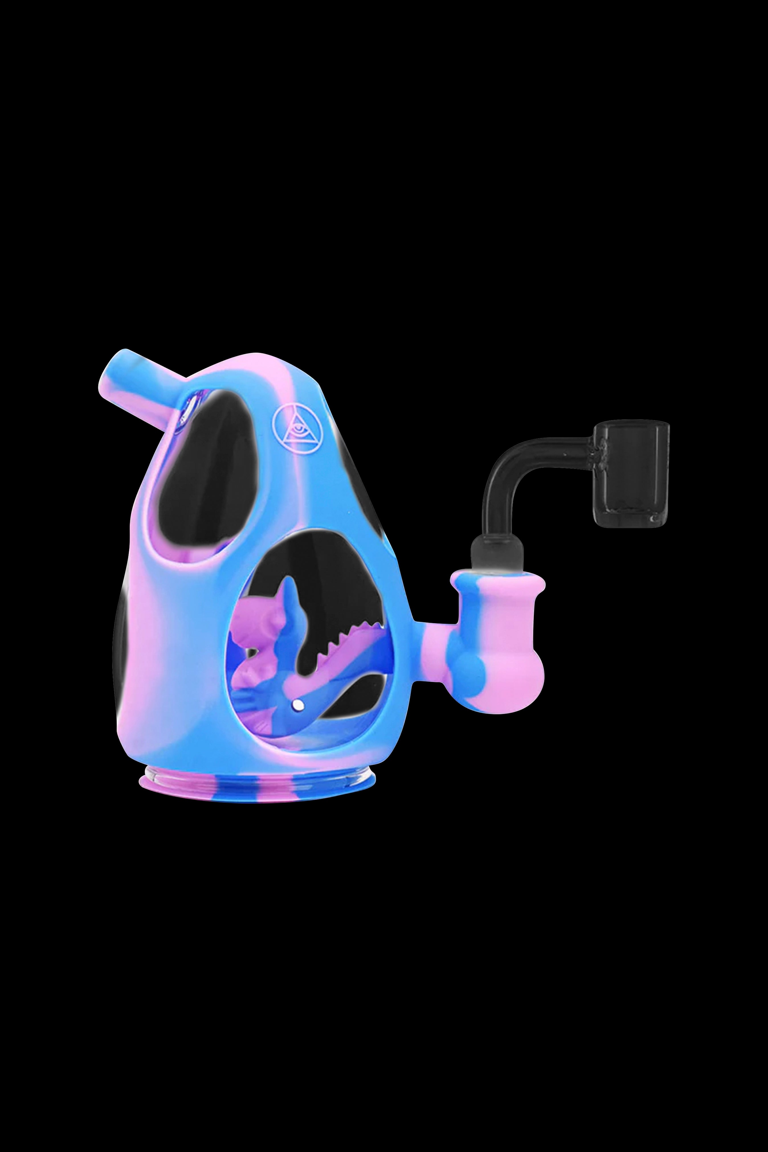 Purple and blue silicone oil rig with a quartz banger.