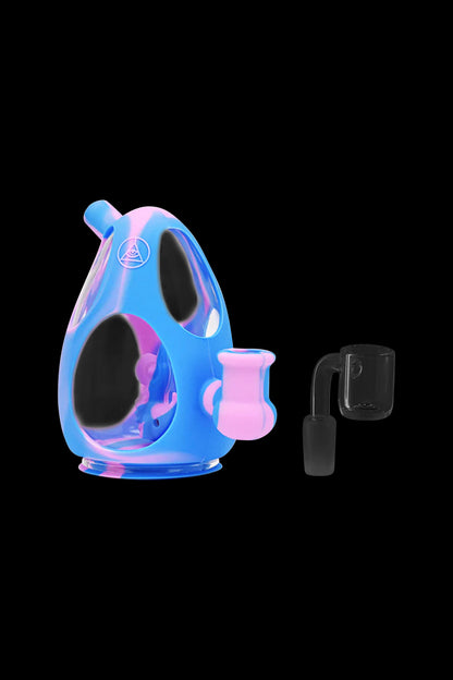 Silicone water pipe with pink accents and glass downstem.