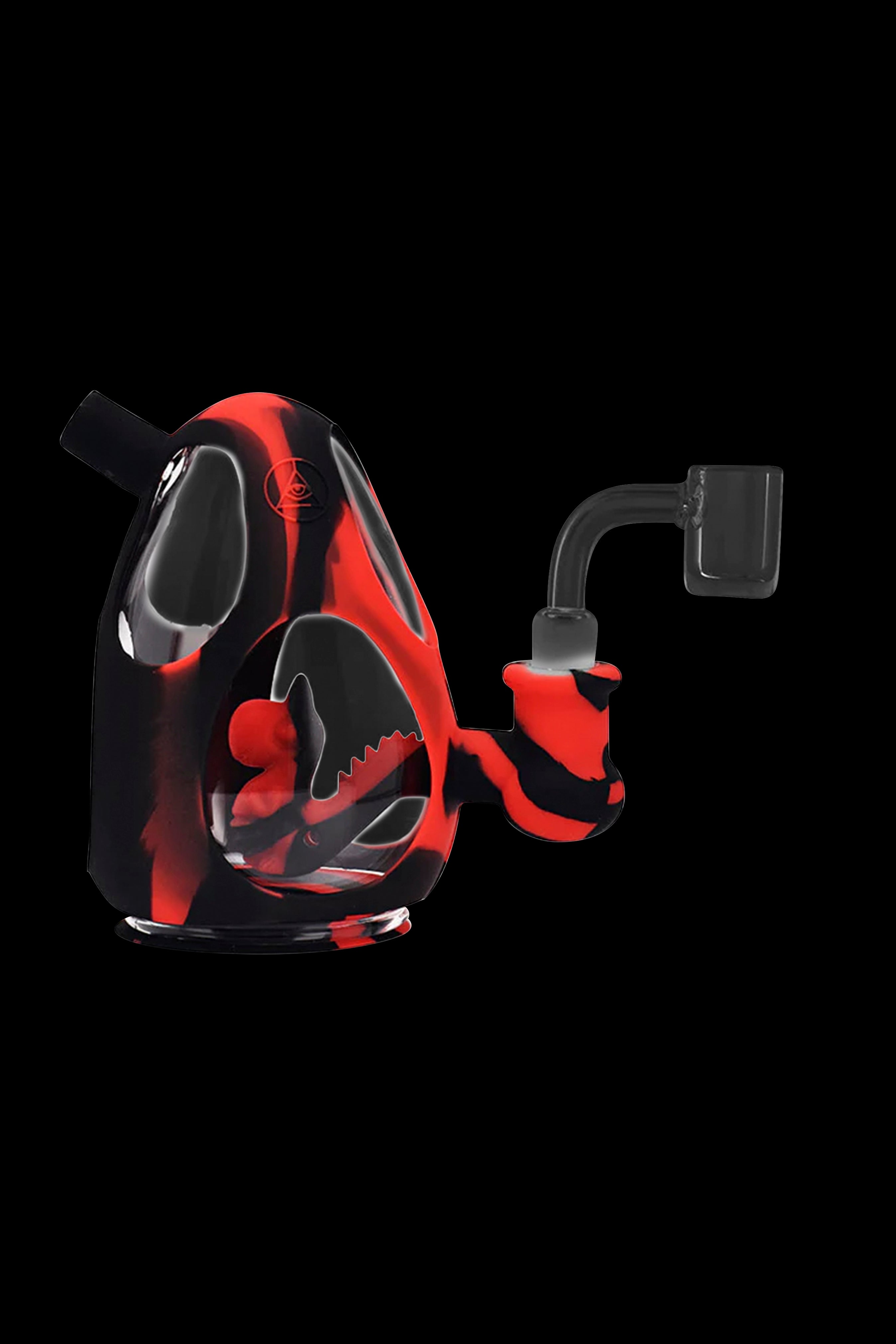 Red and black silicone rig with a quartz banger.