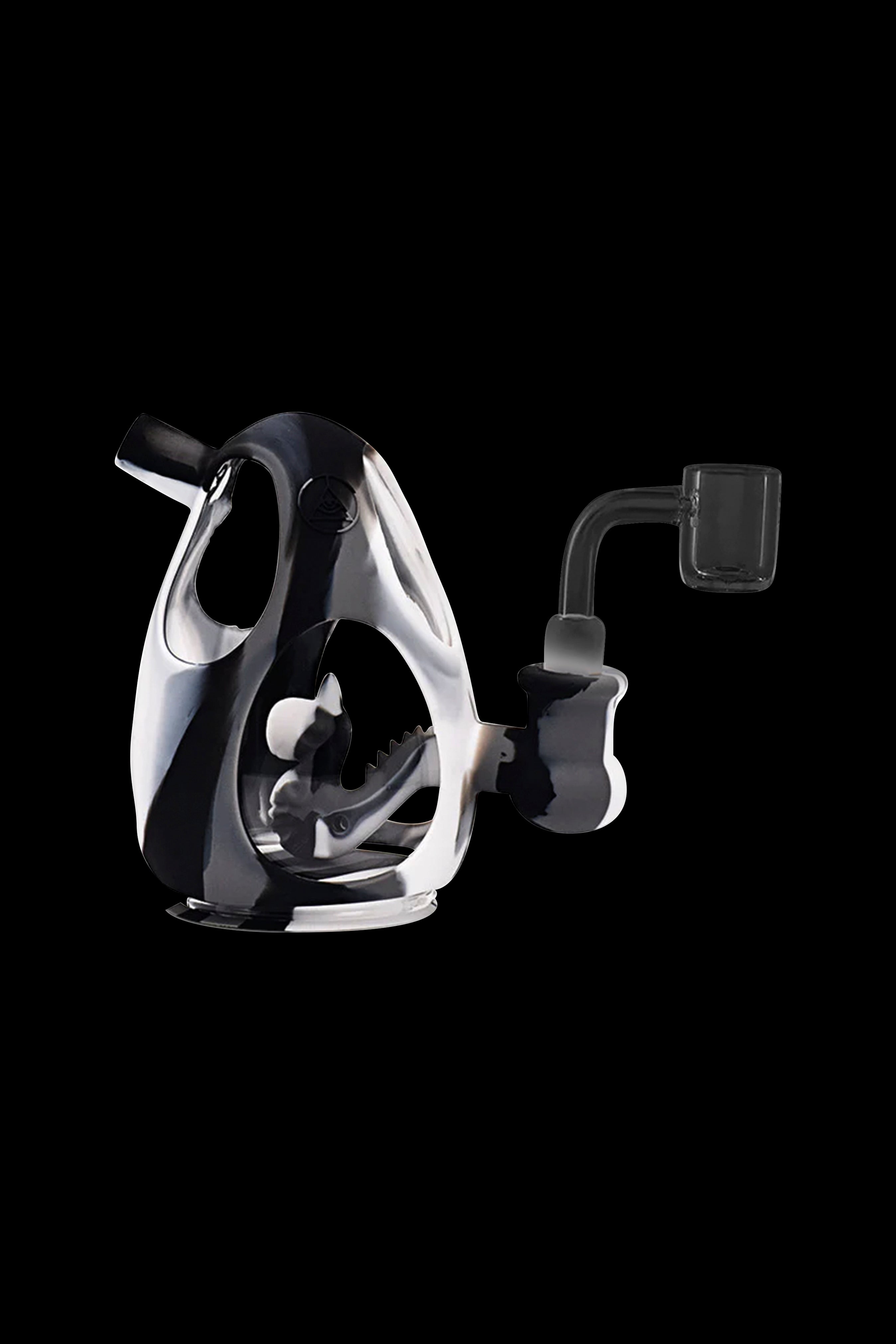 Clear glass dab rig with a quartz banger, isolated on a black background.