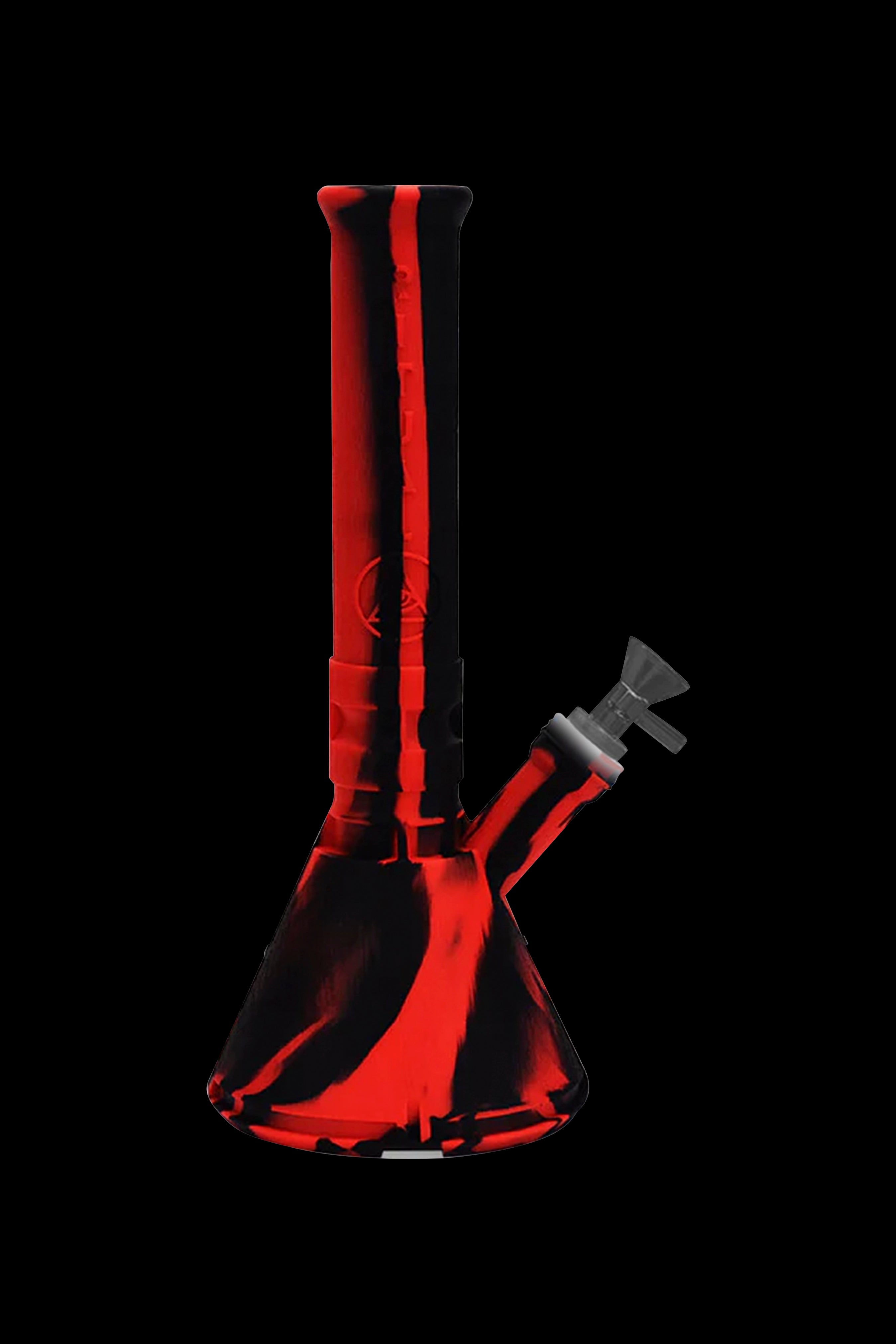 Red silicone bong against a black background.
