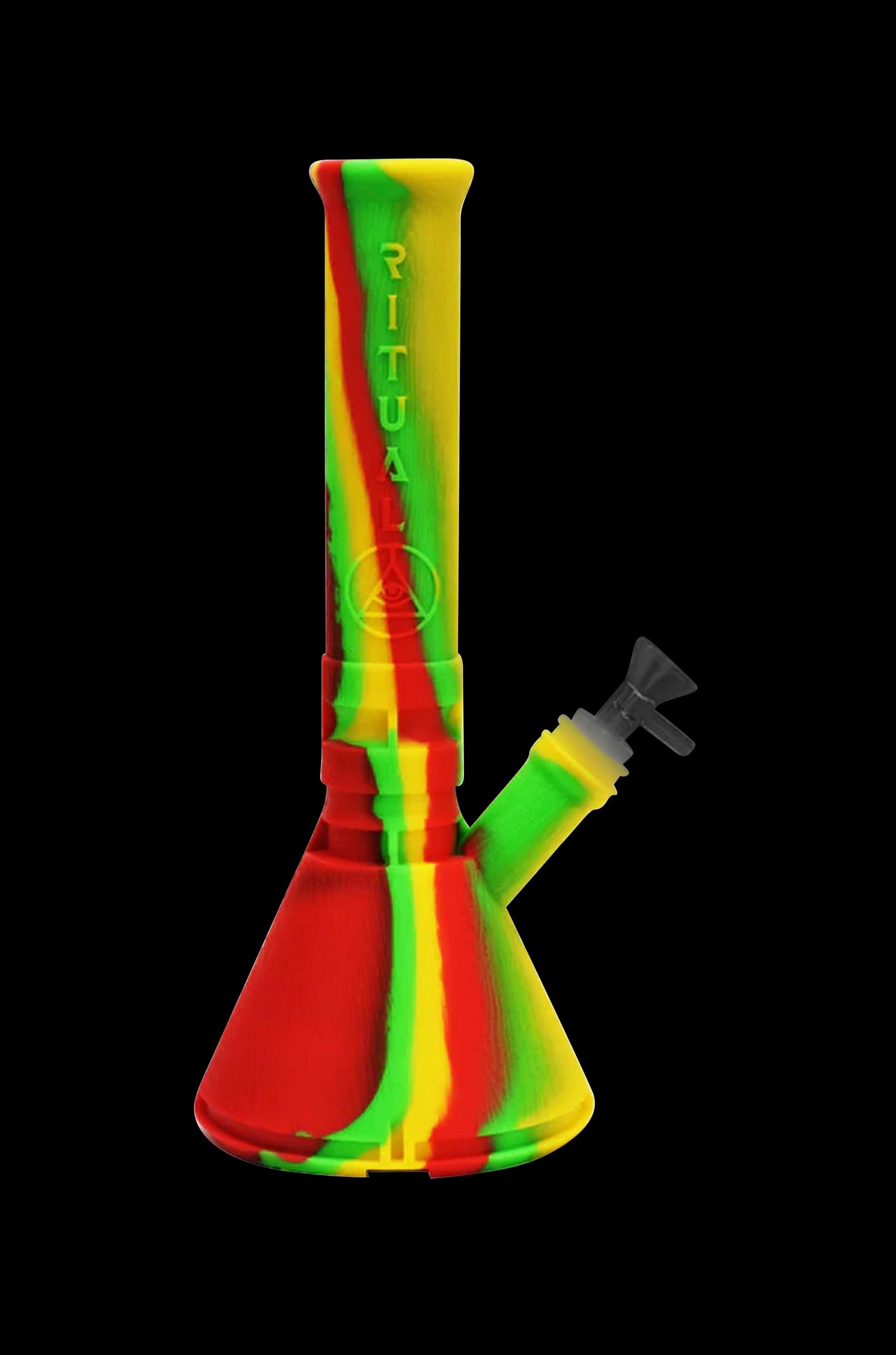 Red and green silicone water pipe (bong) against a black background.