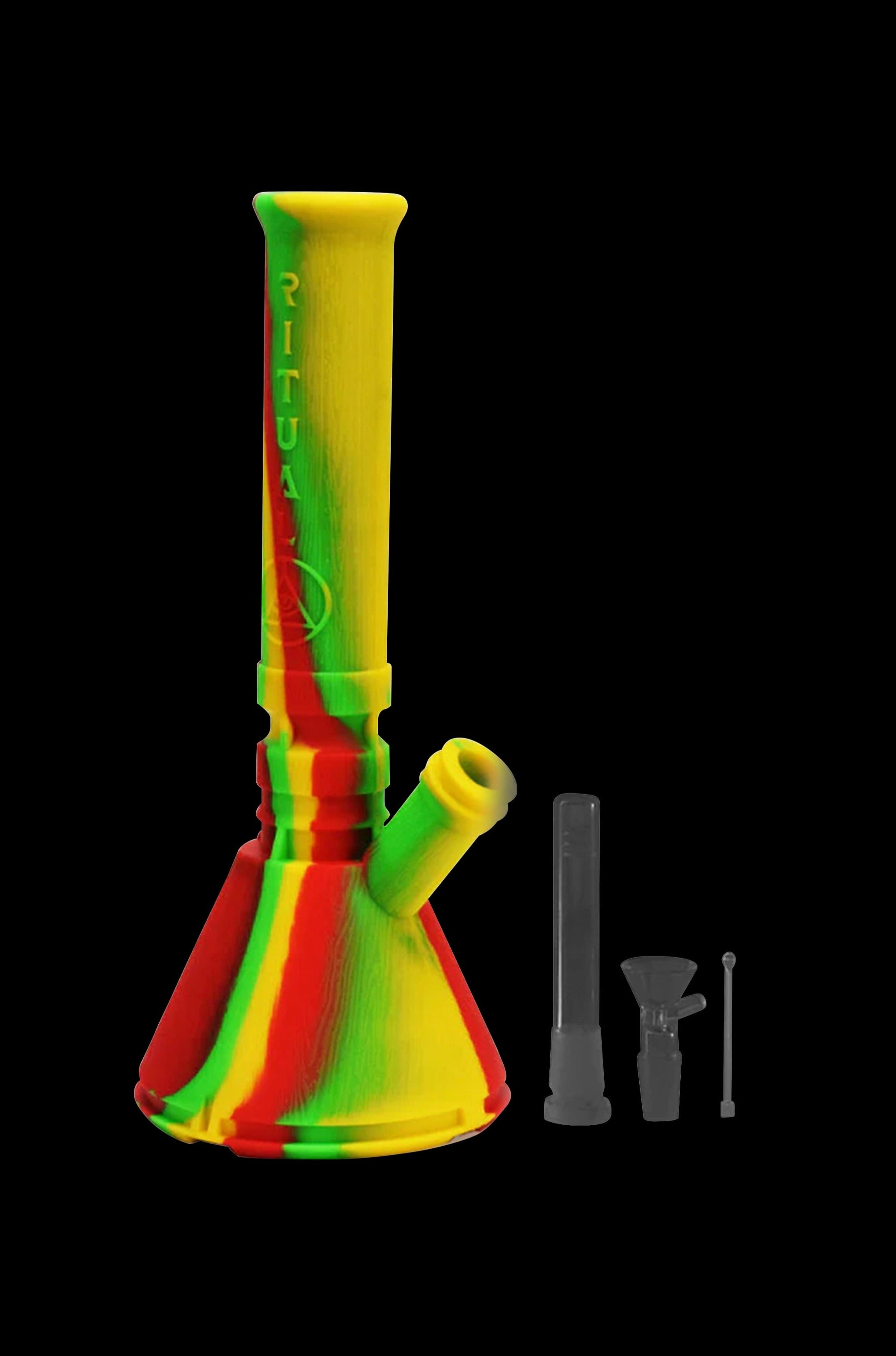 Colorful silicone water pipe (bong) with detachable downstem and bowl, isolated on a black background.