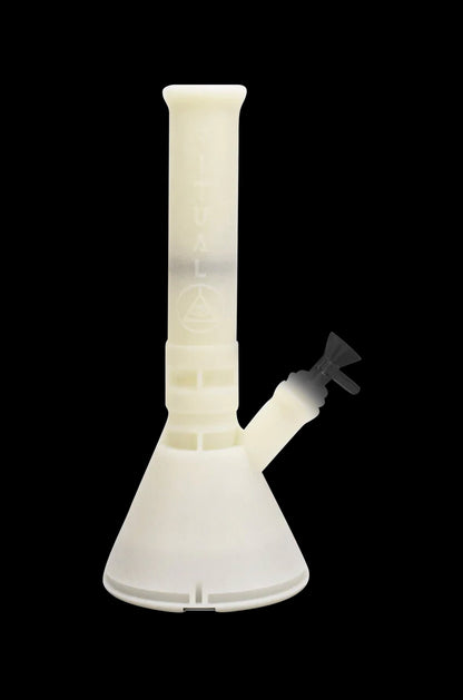 Frosted glass bong with a flared base and angled mouthpiece.
