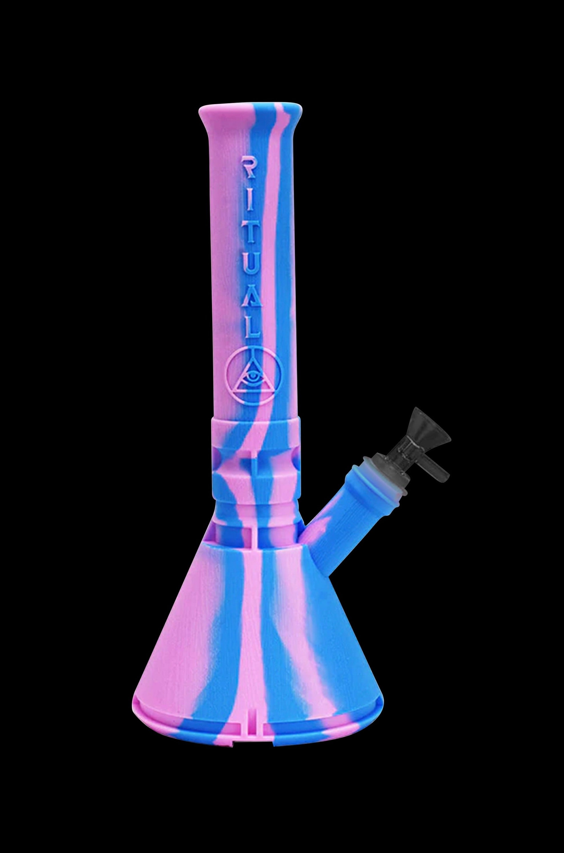 Pink and blue silicone water pipe (bong) with a glass downstem, isolated on a black background.