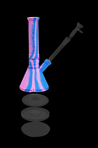 Silicone bubbler water pipe with detachable downstem, pink and blue tie-dye pattern.