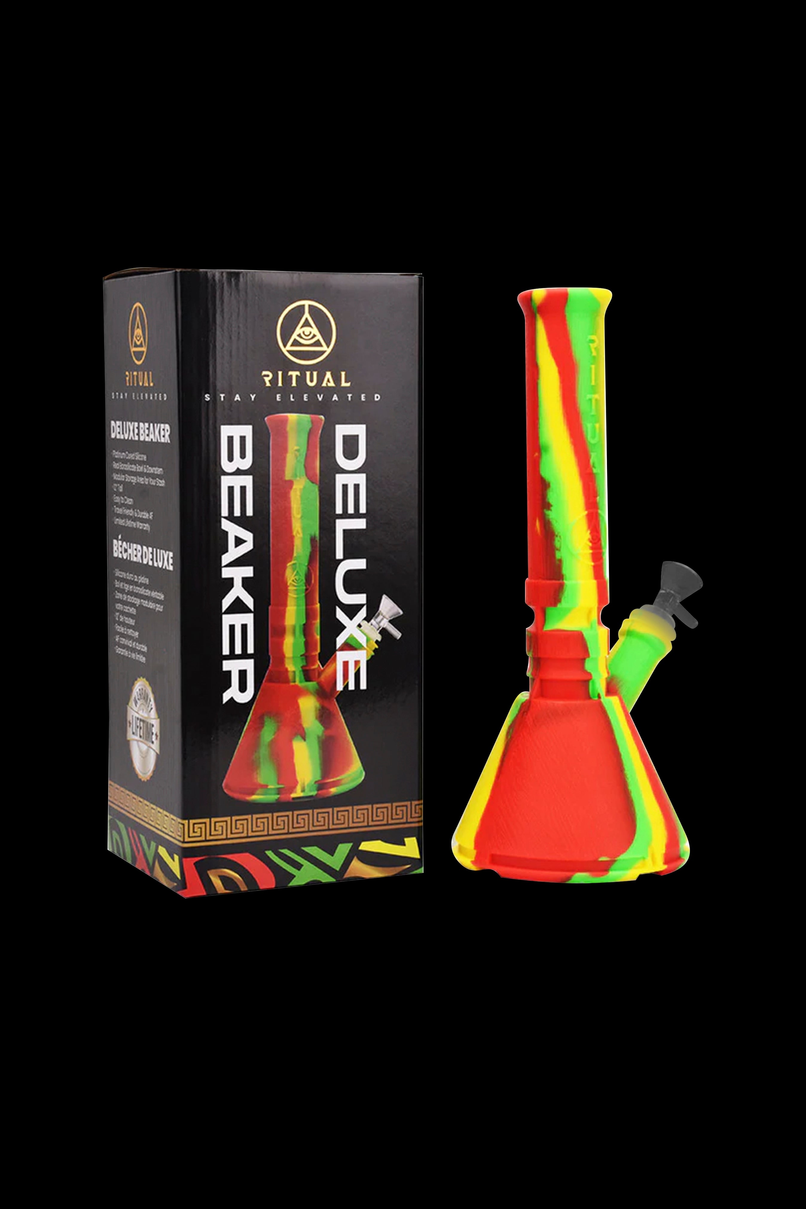 A colorful silicone water pipe (bong) in its branded box, marketed as “Ritual Deluxe Beaker”.