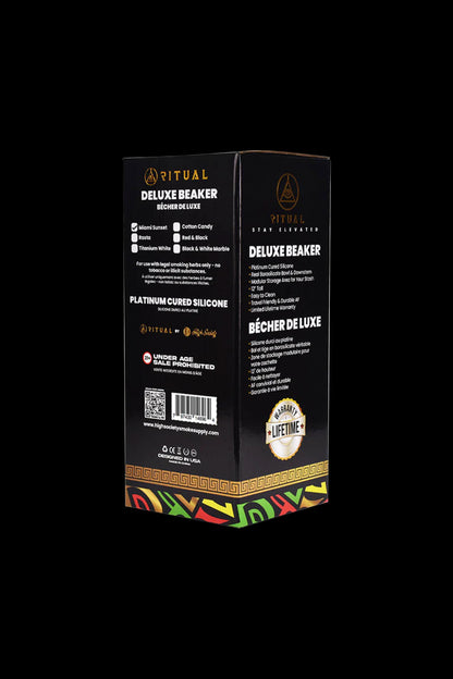 Close-up of a black and gold “Ritual Deluxe Beaker” packaging box featuring various color options and product details, with a warning label indicating for tobacco use only.