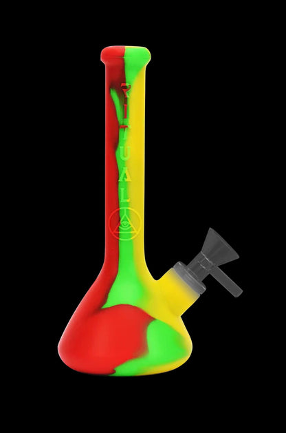 Red and green silicone water pipe (bong) with a glass bowl.