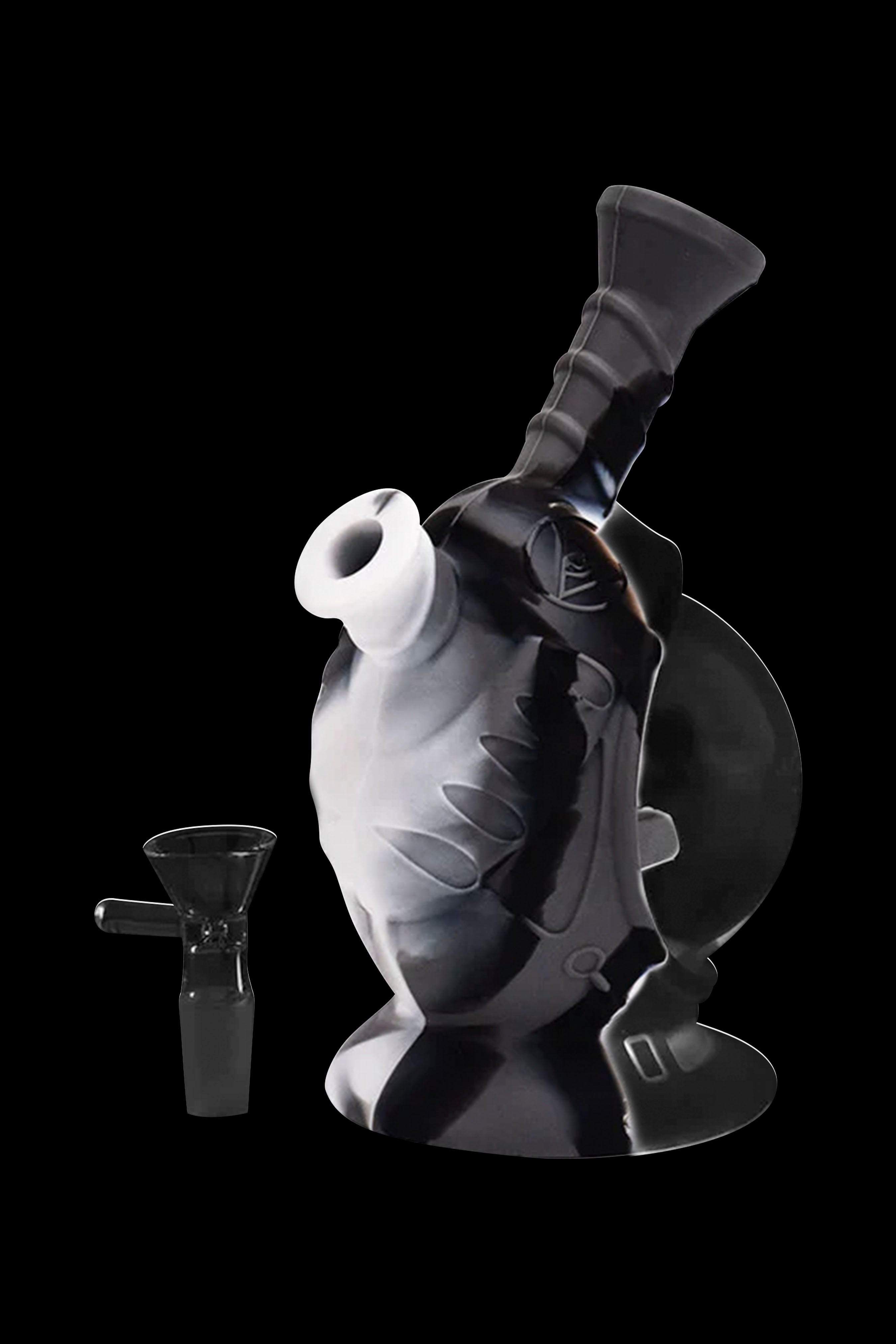 Black and white glass water pipe with a removable downstem, isolated on a black background.