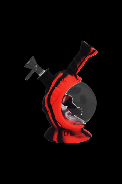 Red silicone bubbler water pipe resembling an astronaut helmet.