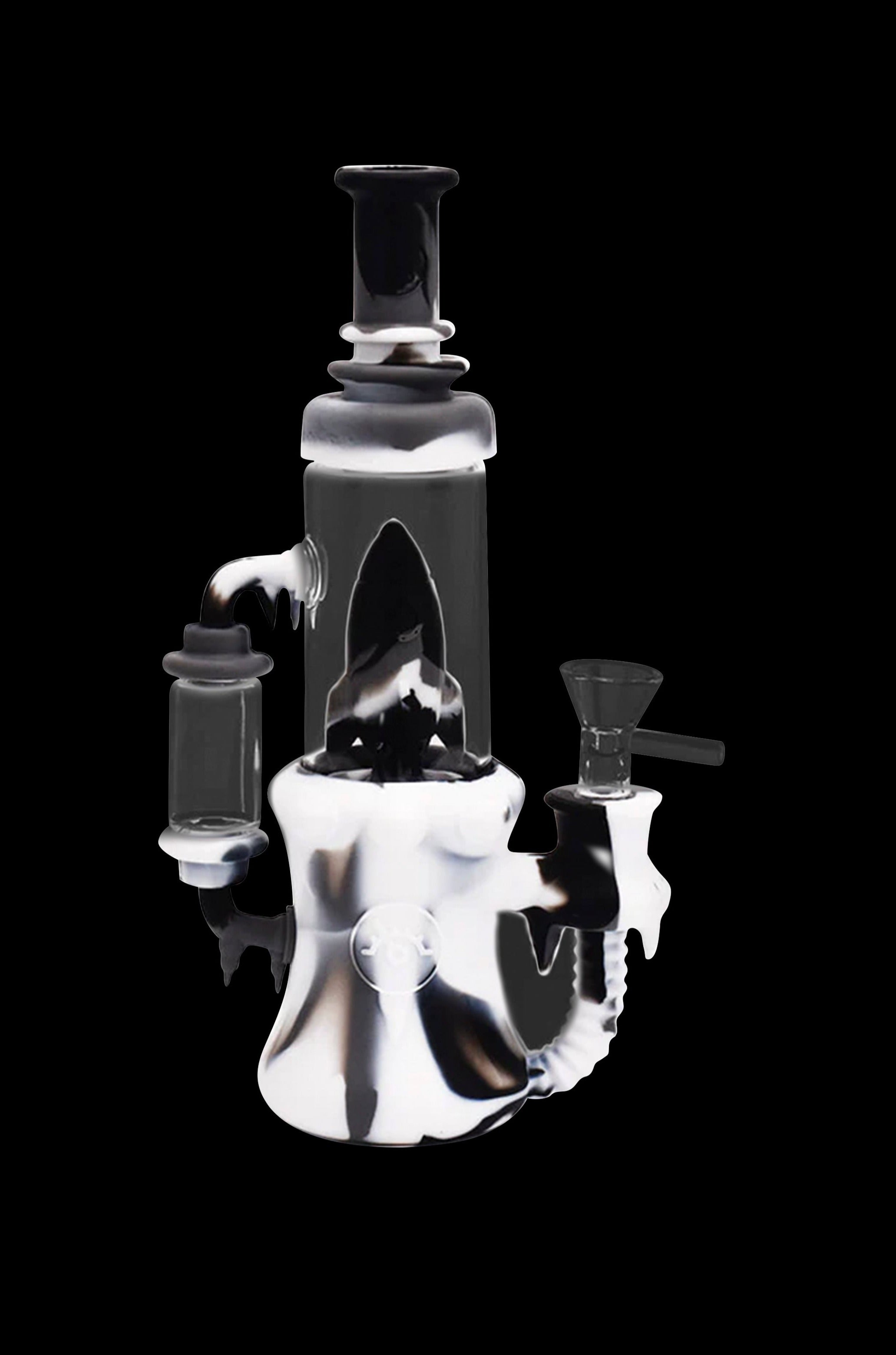 Black and white glass water pipe (rig) with intricate dripping design.