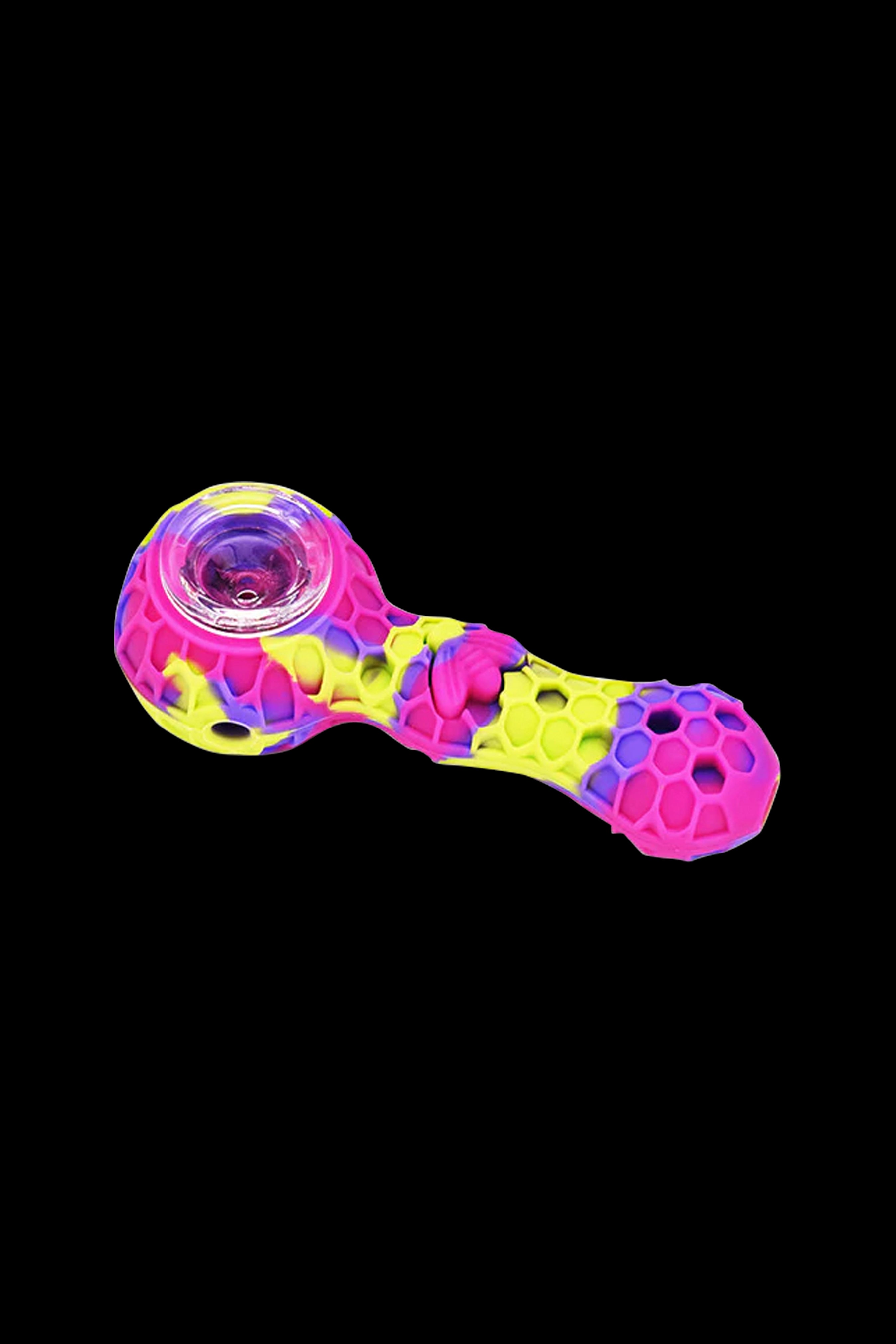 Colorful silicone smoking pipe on a black background.