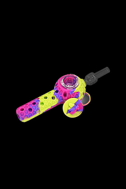 Colorful silicone pipe with glass bowl and detachable mouthpiece on a black background.