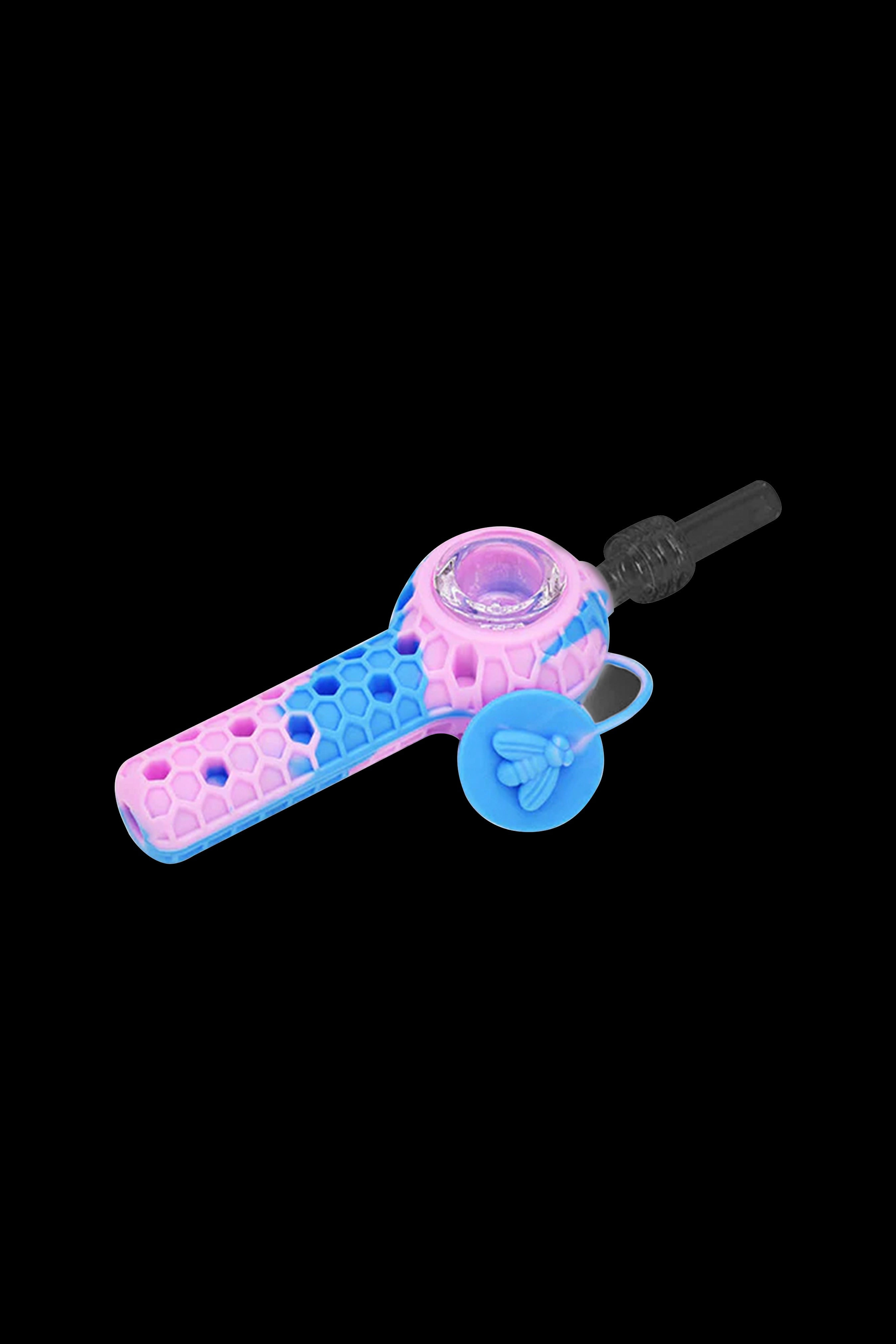 Pink and blue glass pipe with honeycomb texture and bee charm.