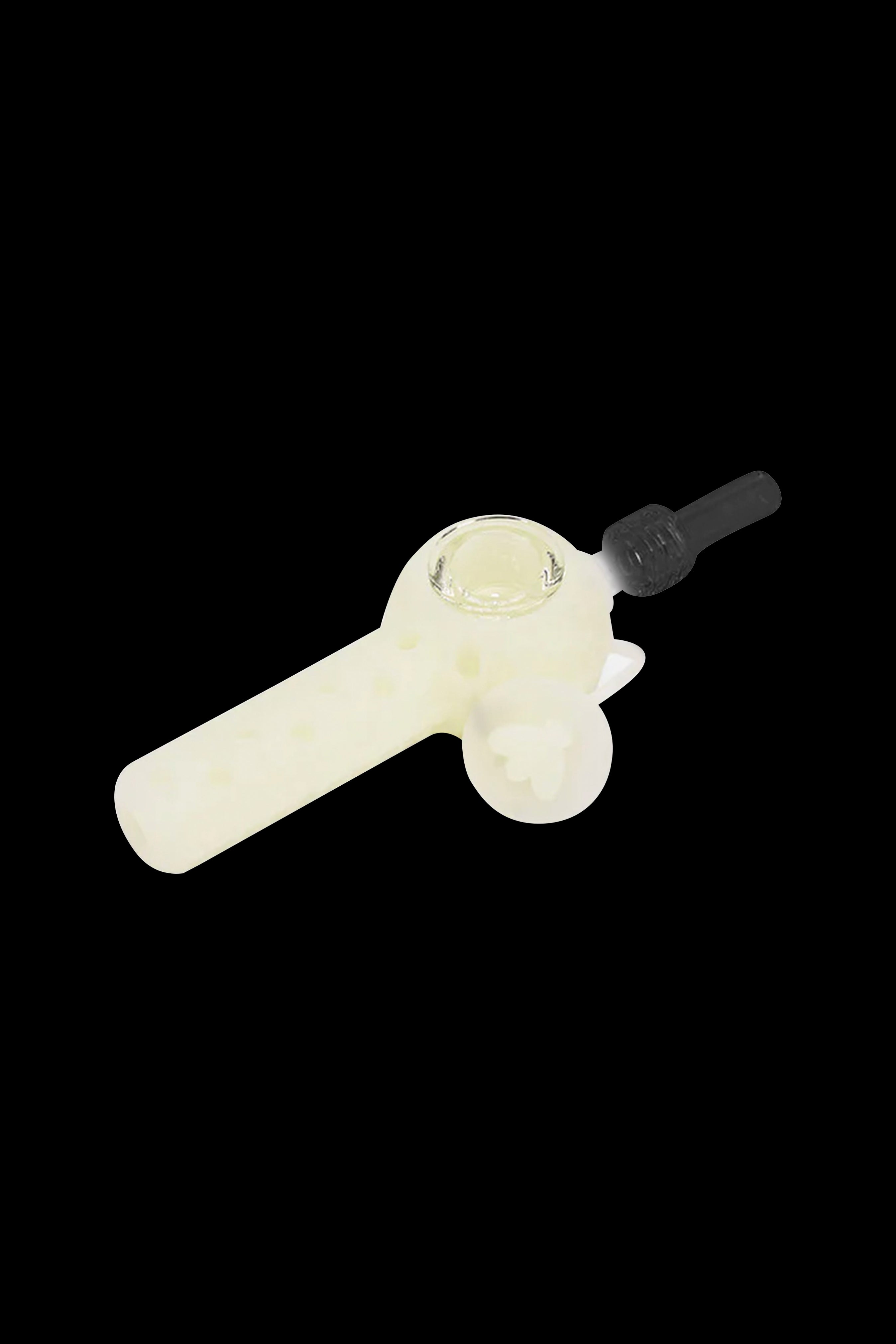 Glass pipe for smoking cannabis, isolated on a black background.