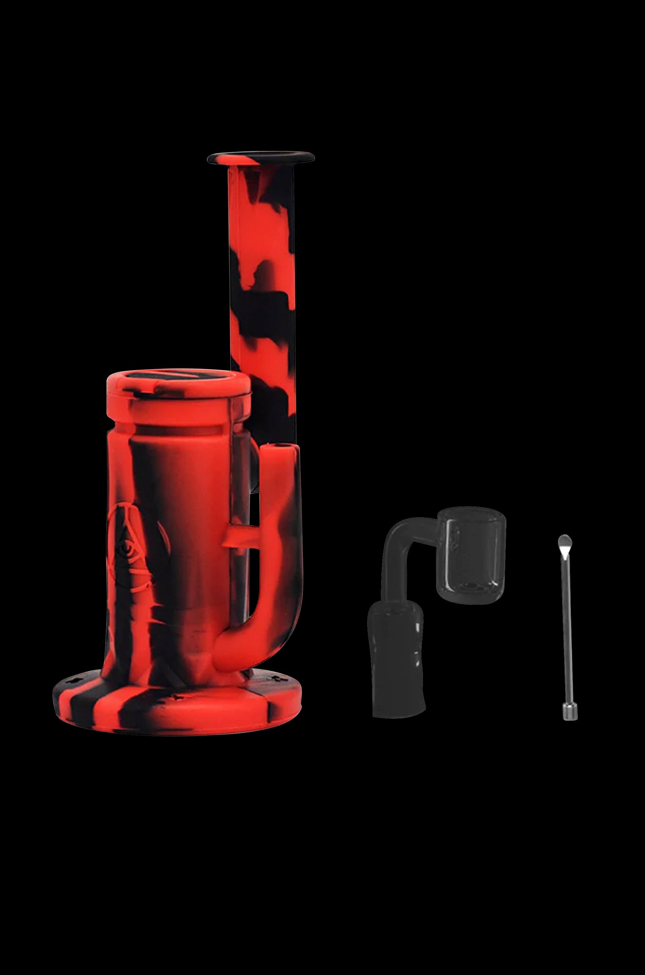 Red and black silicone bubbler with accompanying downstem and nail for concentrates.