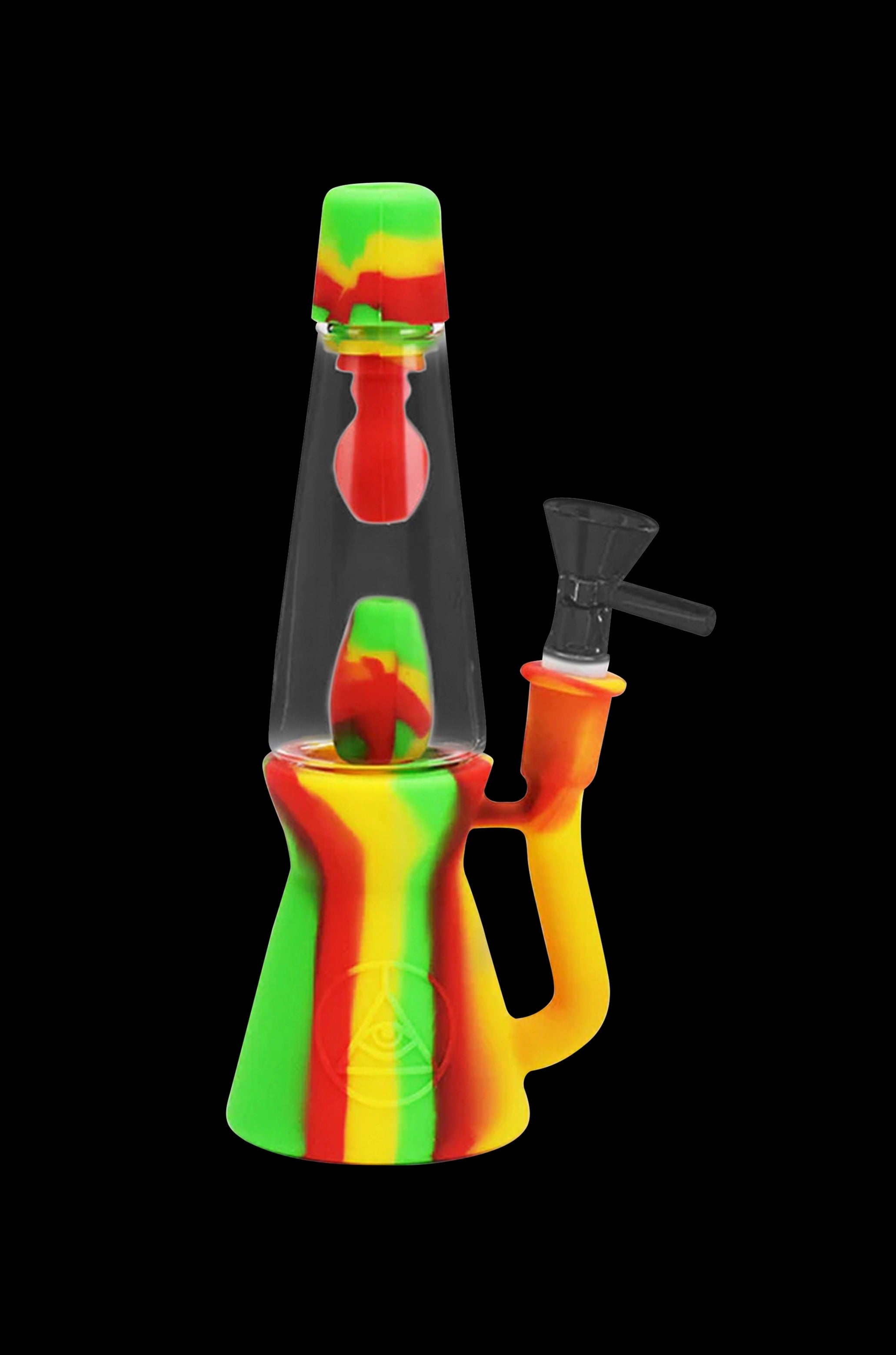 Green and red silicone water pipe with a glass bowl.