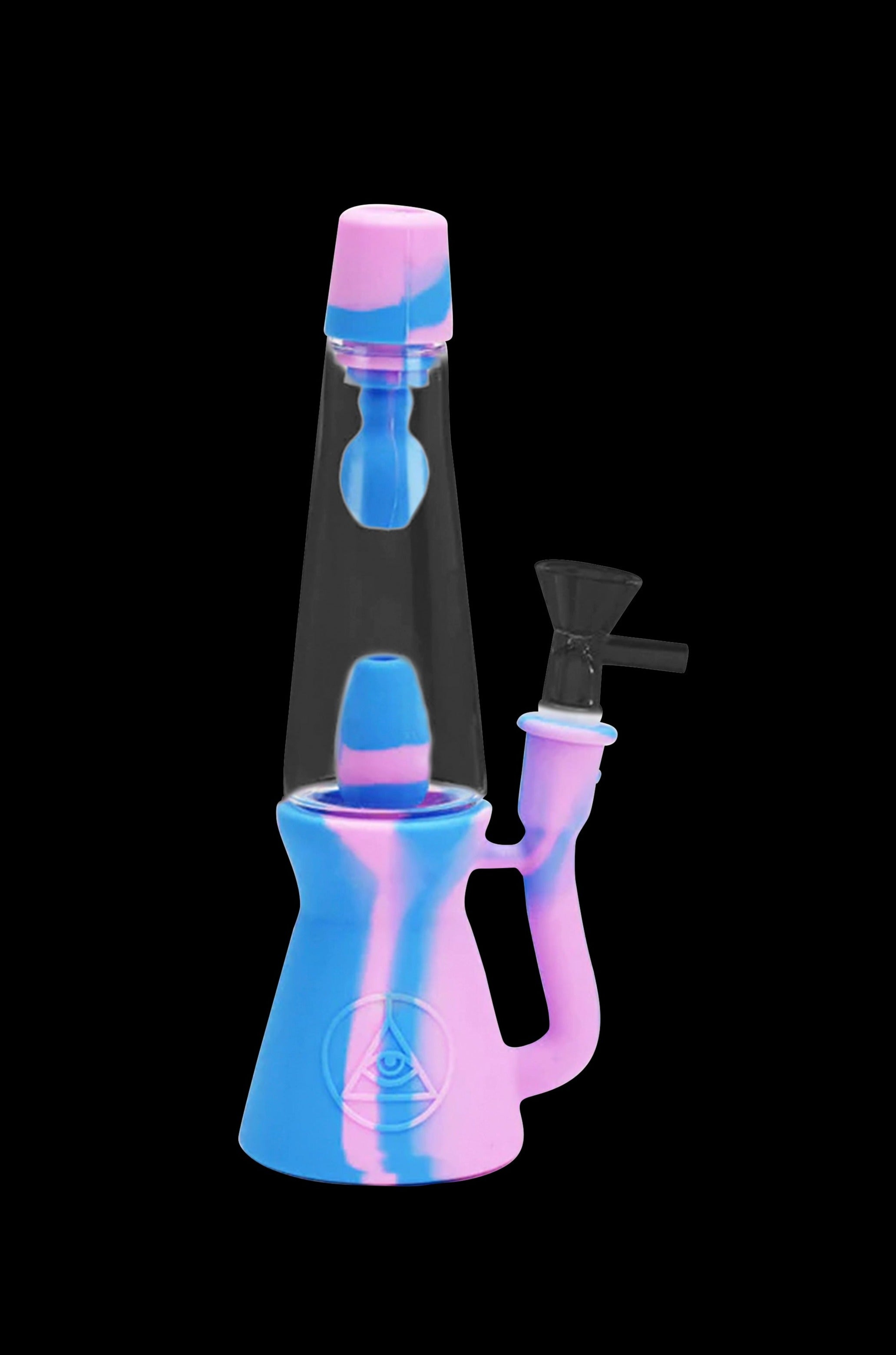 Blue and pink silicone water pipe with glass bowl.