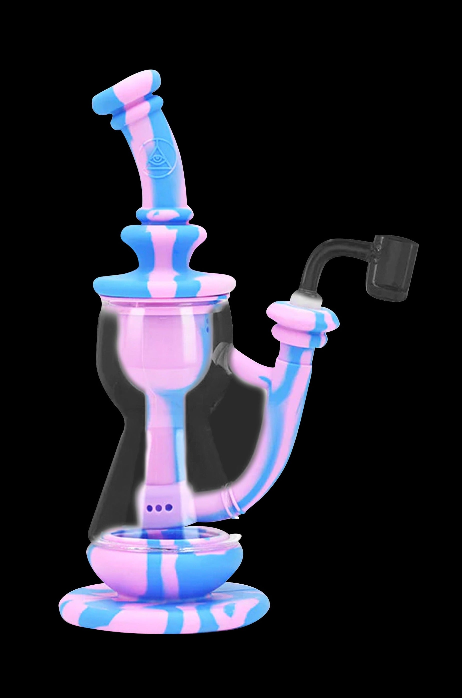 Pink and blue silicone dab rig with a quartz banger.