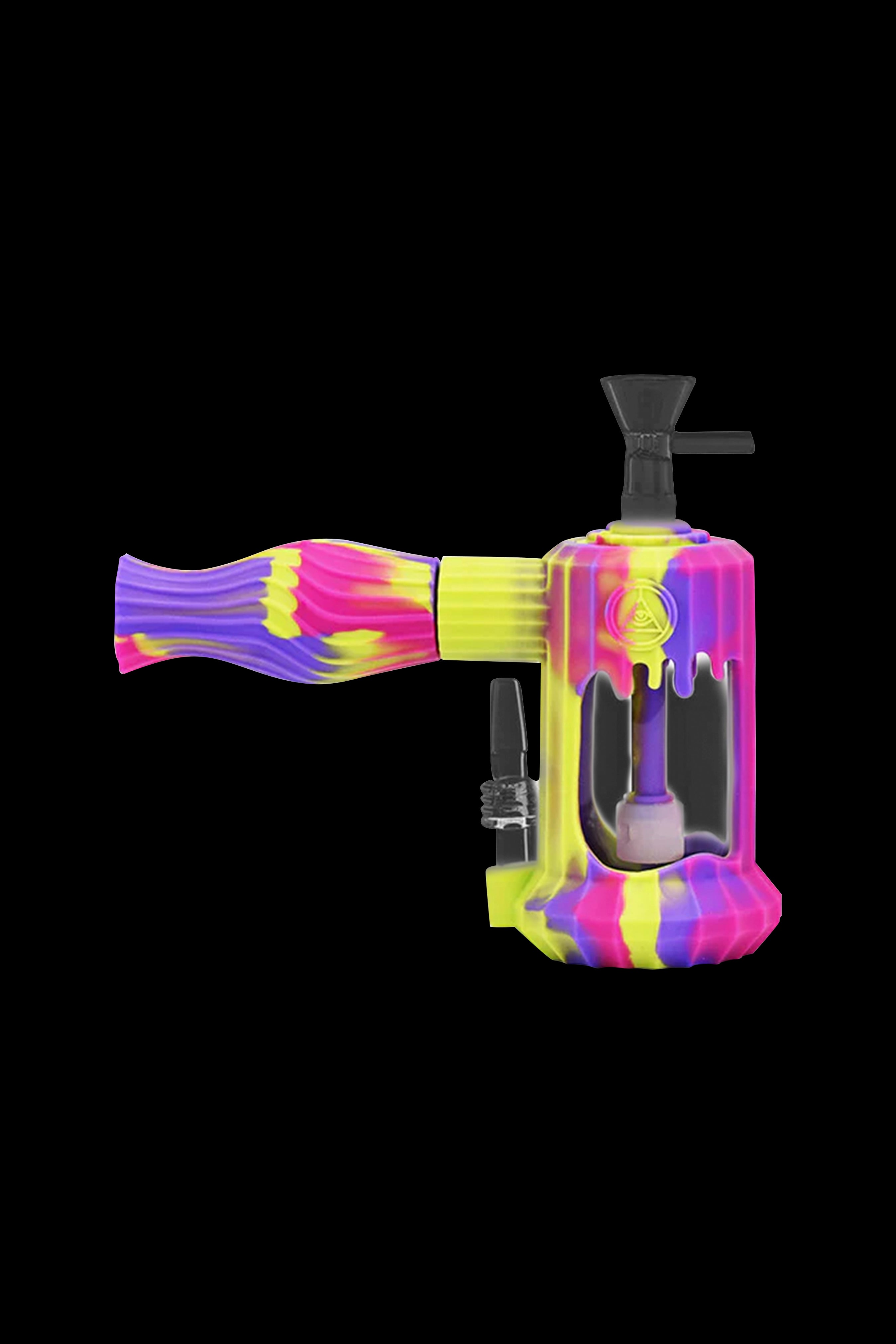 Colorful silicone rig with a glass bowl, isolated on a black background.