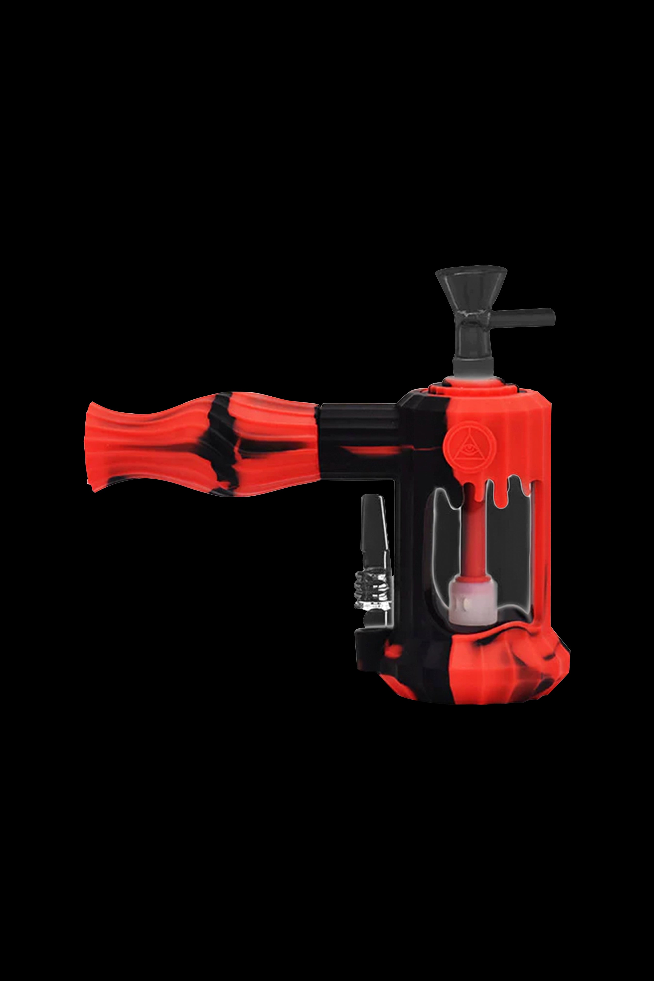 Red and black silicone rig with glass bowl.