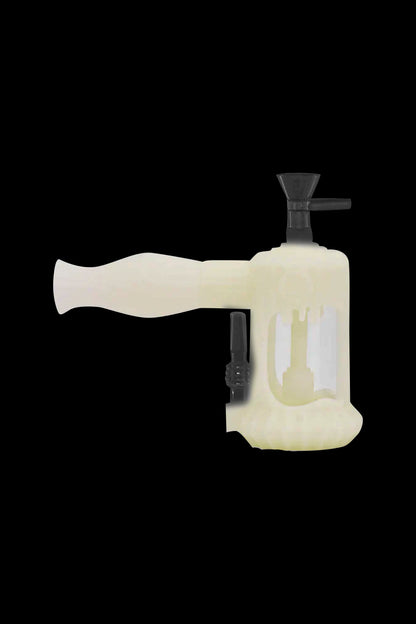 Pale yellow glass water pipe with bubbler and mouthpiece against a black background.