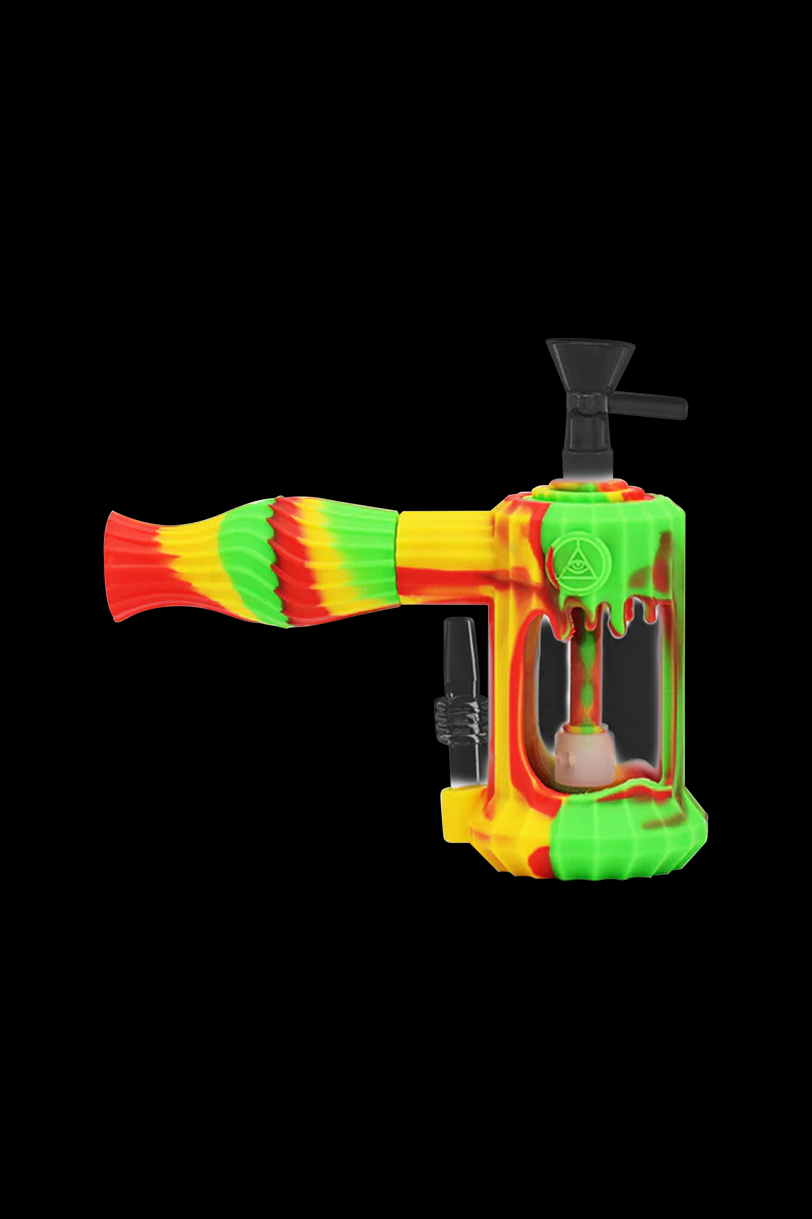 Green and red silicone oil rig with dripping effect and glass bowl.