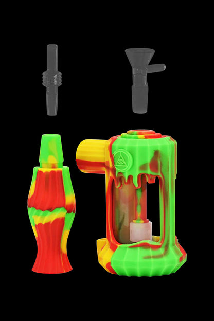 Silicone bubbler water pipe with detachable downstem and mouthpiece, red and green color scheme.