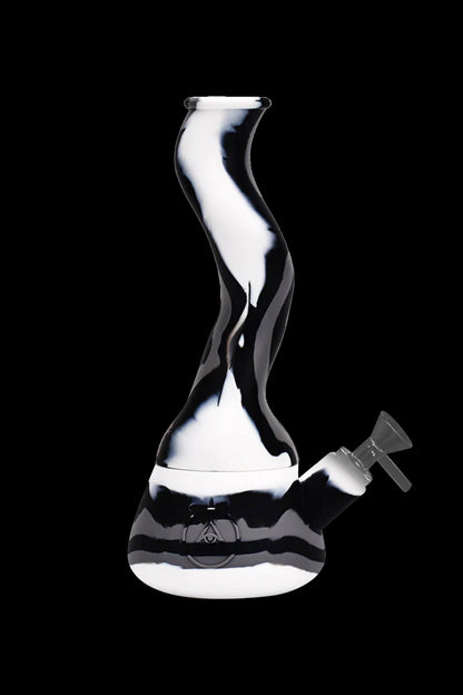 Black and white silicone water pipe (bong) against a black background.