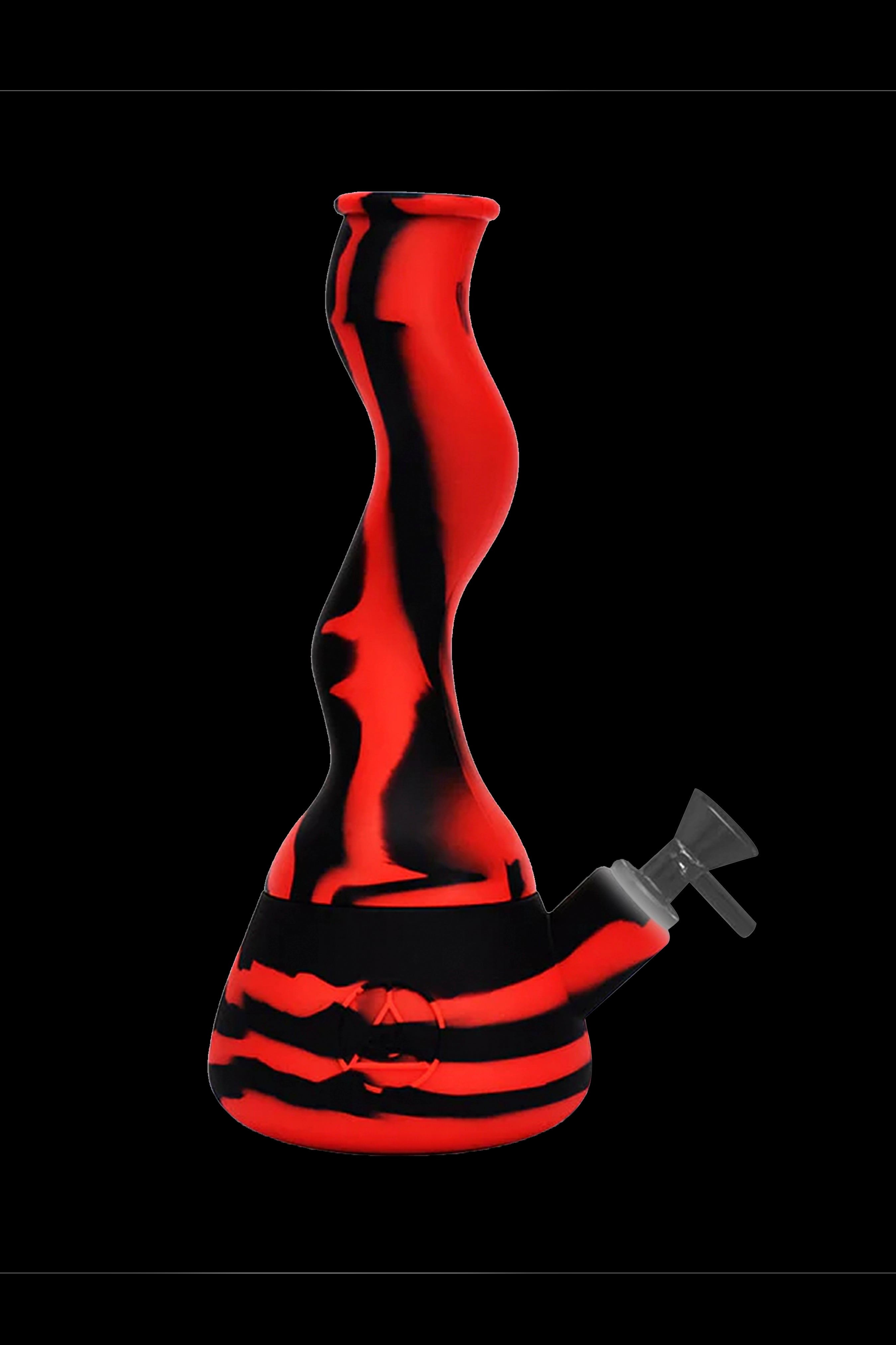 Red and black silicone water pipe (bong) against a black background.