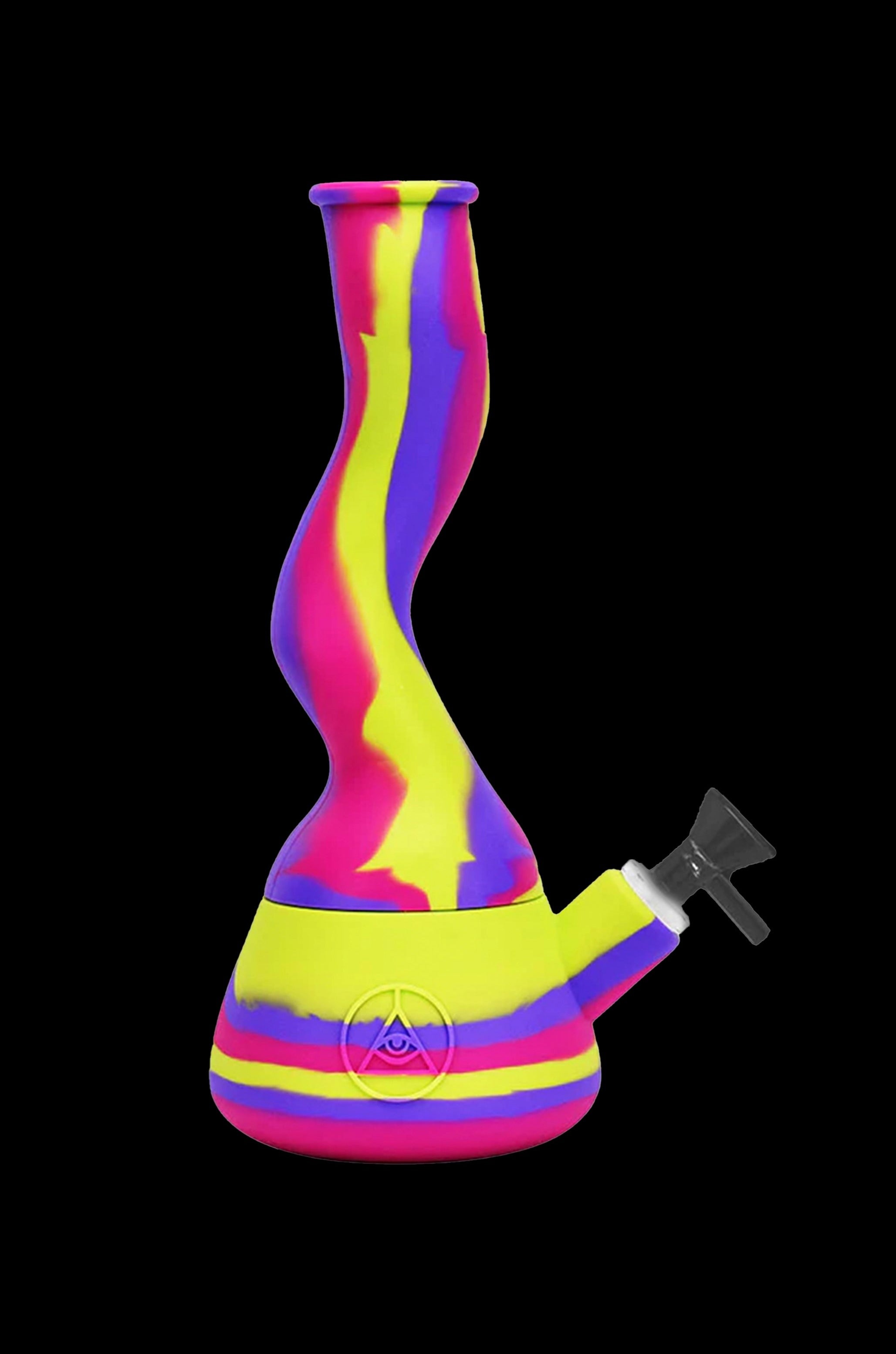 Neon pink and yellow silicone bong with a glass bowl.