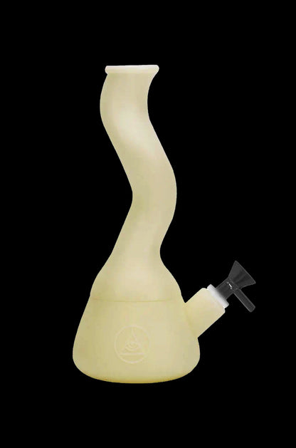 Pale yellow glass water pipe (bong) with a curved neck and ice catch.
