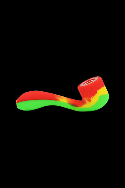 Colorful silicone smoking pipe against a black background.