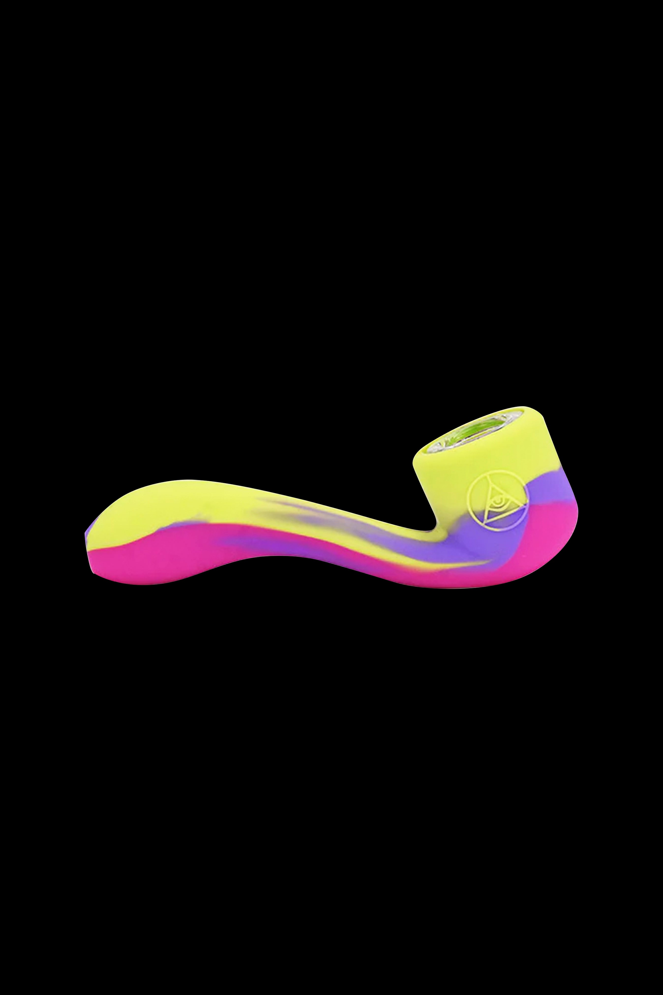 Neon pink and yellow silicone pipe against a black background.