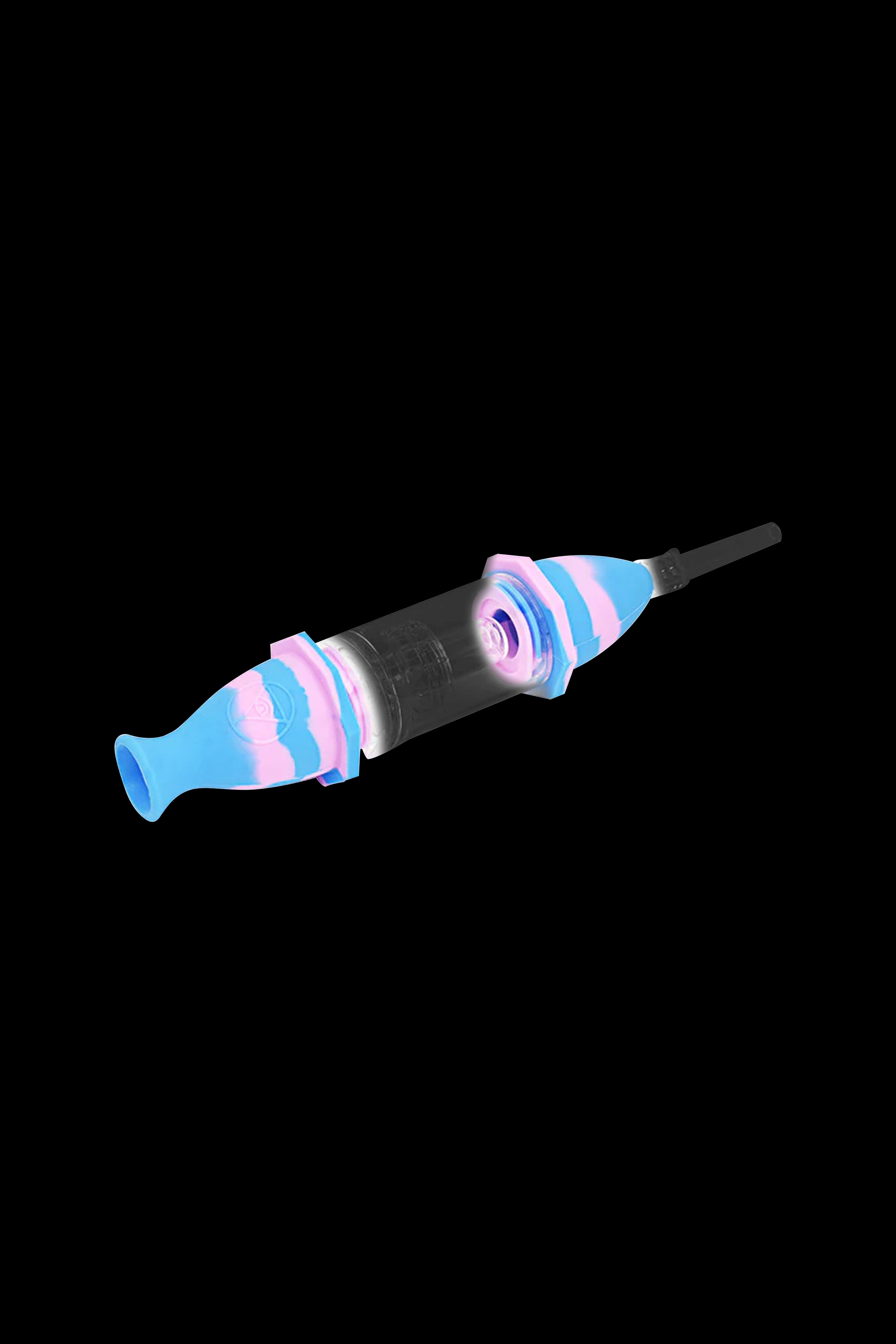Pink and blue glass dab straw with a titanium tip.
